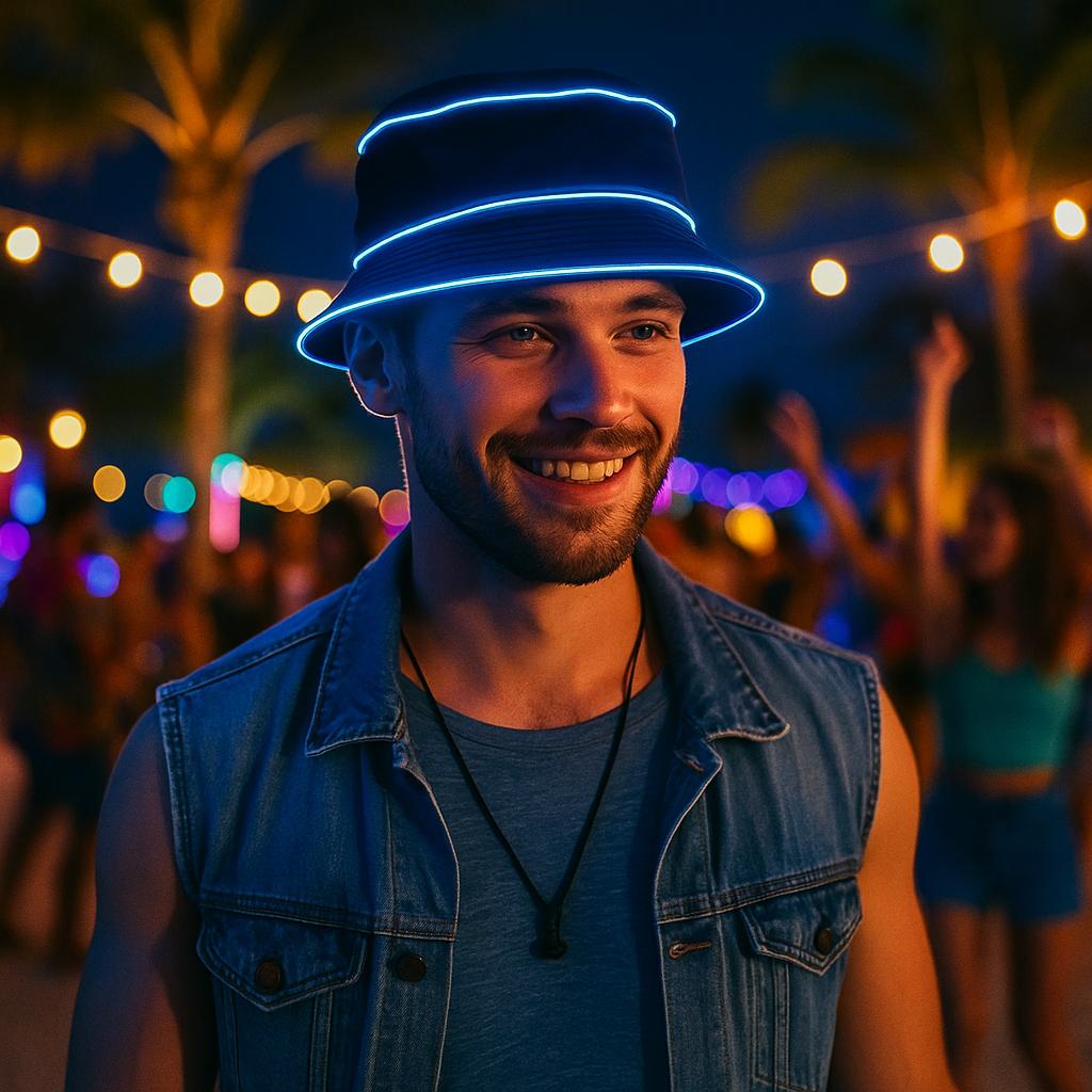 Glow in the Dark EL Wire Bucket Hat: Rave Festival Light-Up Cap